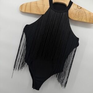 Black Fringe Halter Bodysuit Western Women's Medium